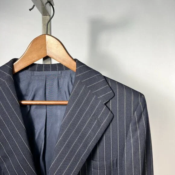 H.HUNTSMAN & SONS LTD LONDON Navy Pinstripe 1 Button Wool Blazer Jacket 46 - Picture 2 of 10